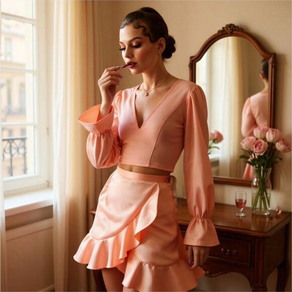 Sugar Thrillz ✦ Satin Peach Ruffle Mini Skirt ✦ Asymmetric Draped High Waist M - Picture 4 of 5